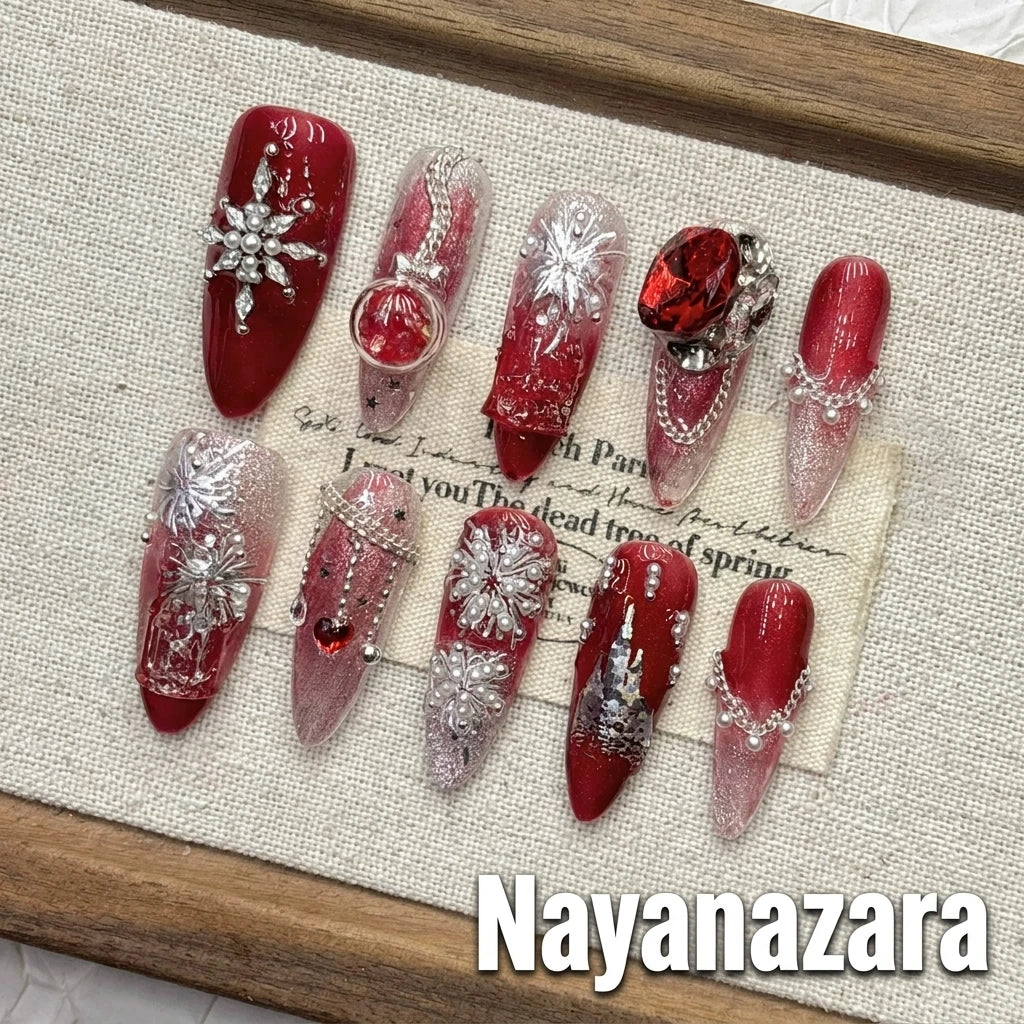 Red New Year Castle Fireworks Cat Eye Press-on Nails | Nayanazara