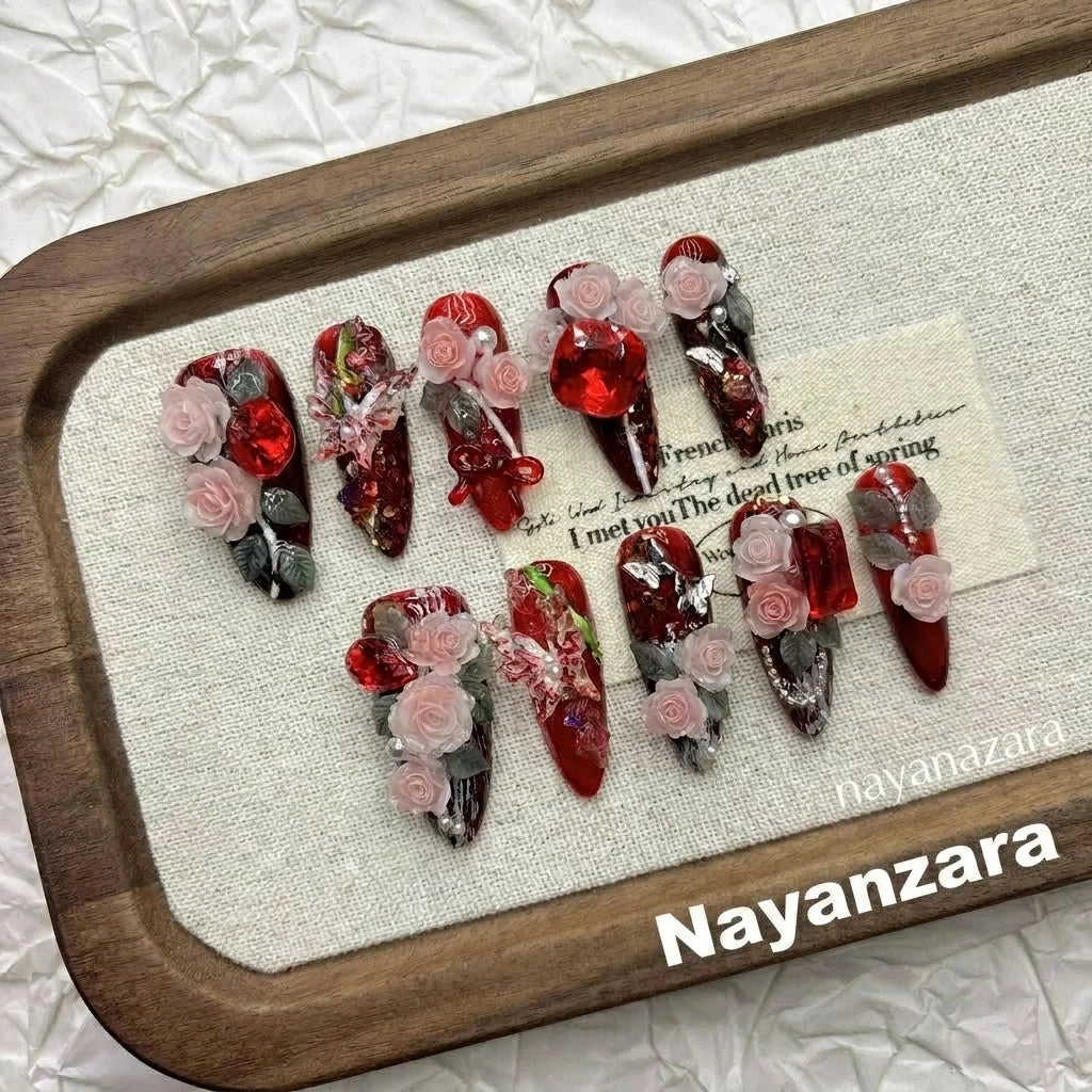 3D Butterfly Relief Gothic Red Press-on Nails | Nayanazara