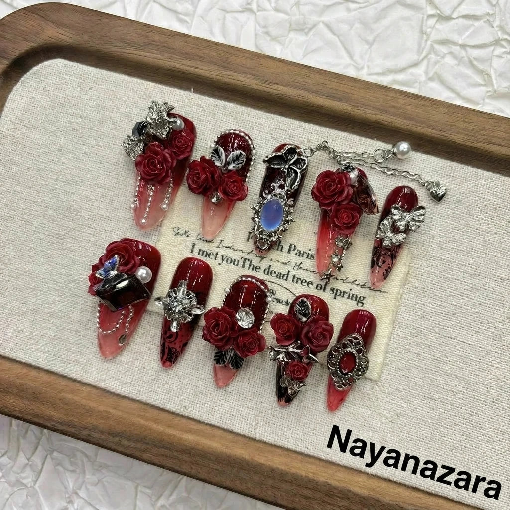 Enchanted Dark Red Rose Handmade Press-on Nails | Nayanazara