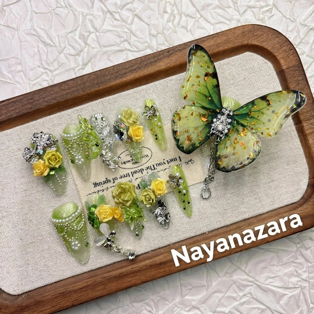Fresh Green 3D Carved Handmade Press-on Nails | Nayanazara