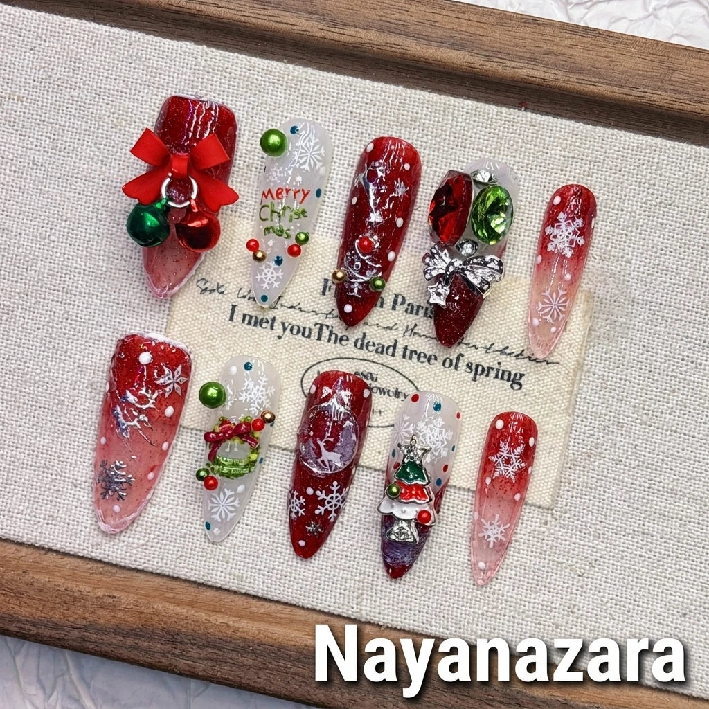 Christmas Tree Cat Eye Red Press-on Nails | Nayanazara