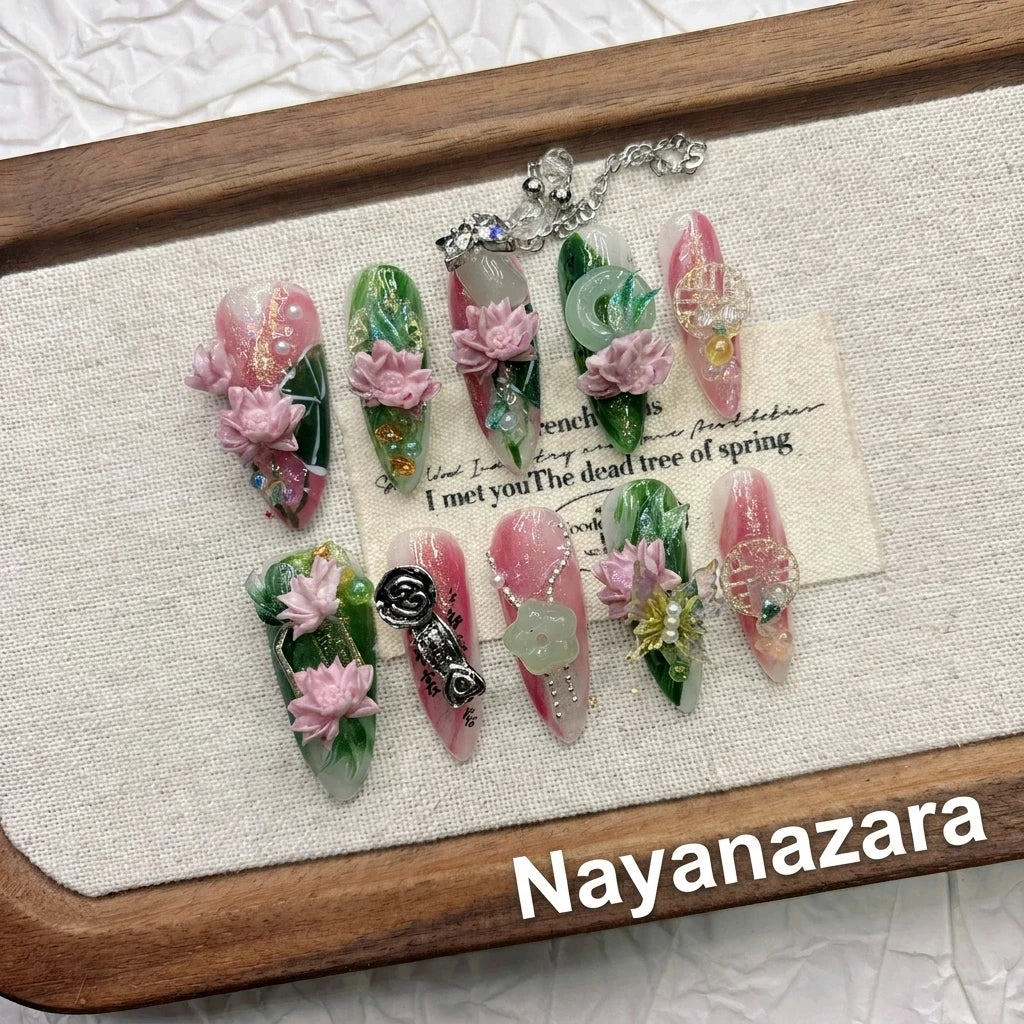 Pink Tassel Spring Lotus New Chinese Style Press-on Nails | Nayanazara