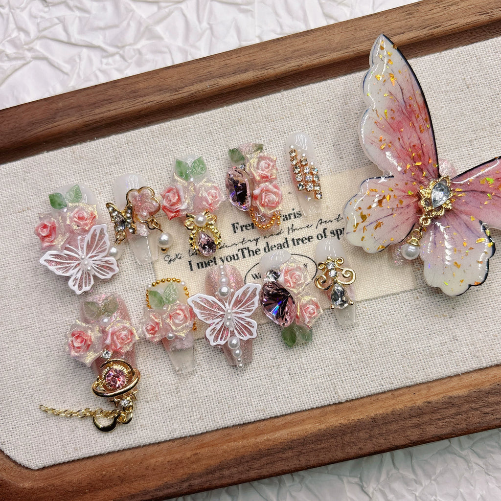 Pink 11-Finger Butterfly 3D Flower Press-on Nails | Nayanazara