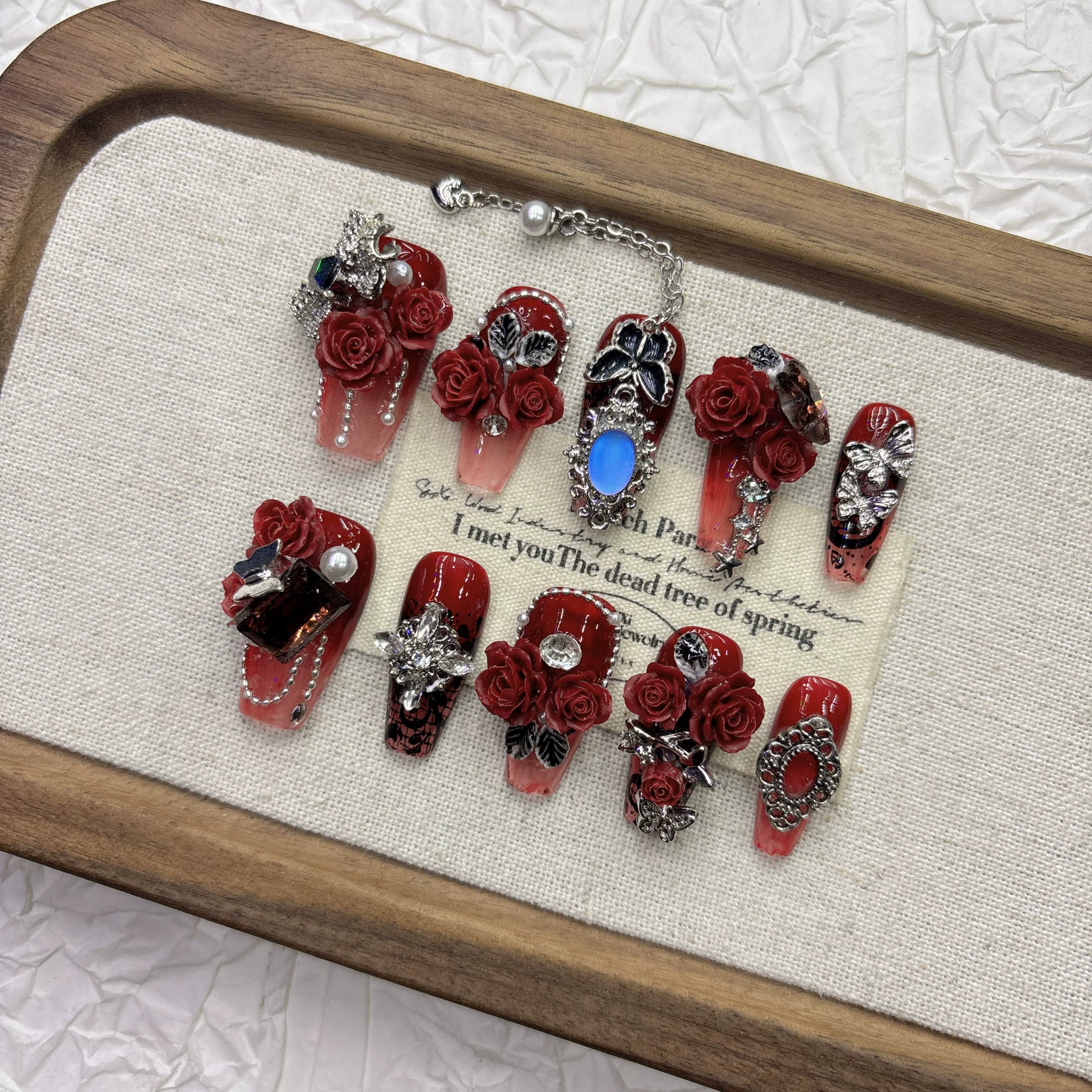 Enchanted Dark Red Rose Handmade Press-on Nails | Nayanazara