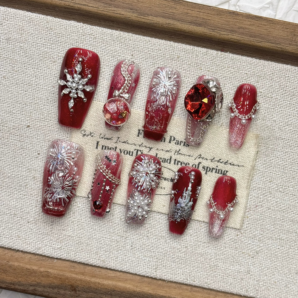 Red New Year Castle Fireworks Cat Eye Press-on Nails | Nayanazara