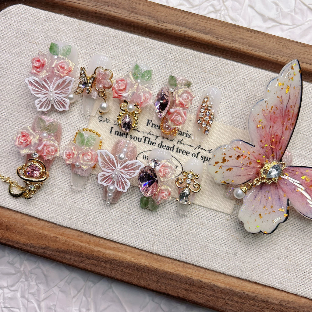Pink 11-Finger Butterfly 3D Flower Press-on Nails | Nayanazara