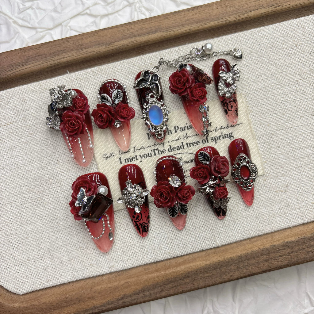 Enchanted Dark Red Rose Handmade Press-on Nails | Nayanazara