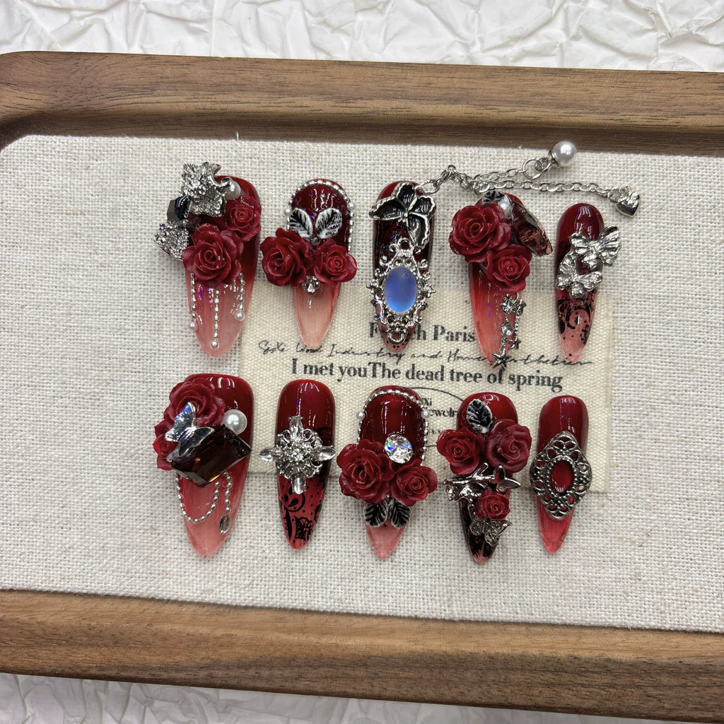 Enchanted Dark Red Rose Handmade Press-on Nails | Nayanazara
