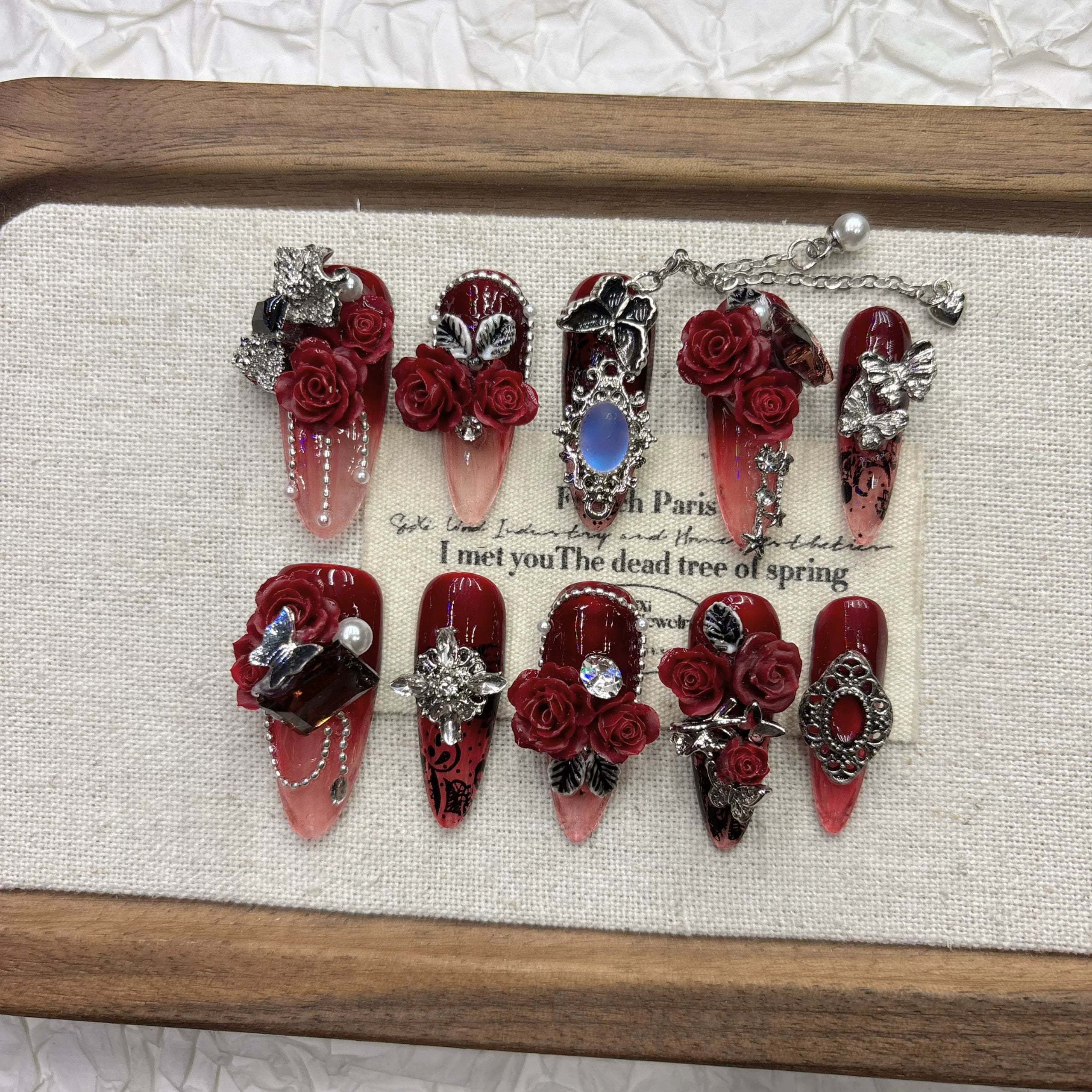 Enchanted Dark Red Rose Handmade Press-on Nails | Nayanazara