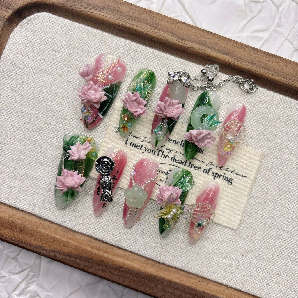 Pink Tassel Spring Lotus New Chinese Style Press-on Nails | Nayanazara
