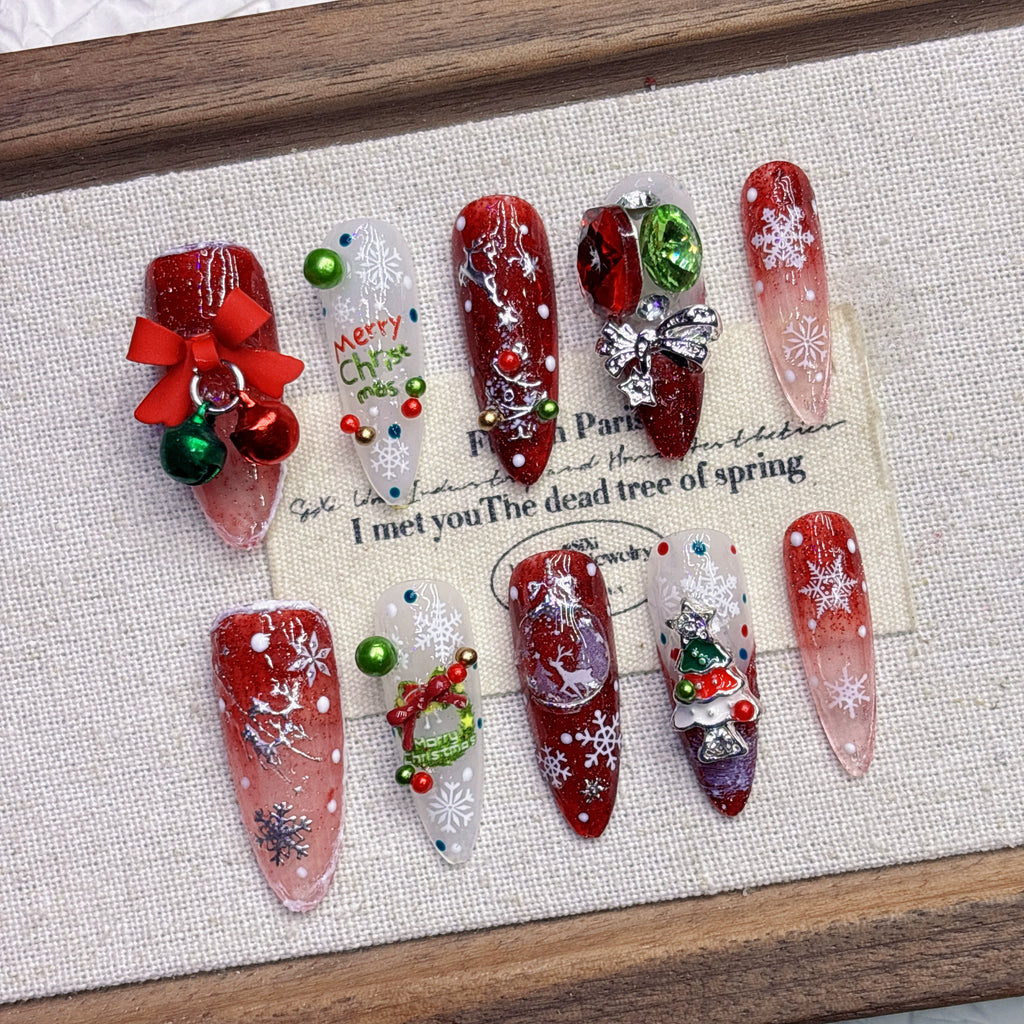 Christmas Tree Cat Eye Red Press-on Nails | Nayanazara