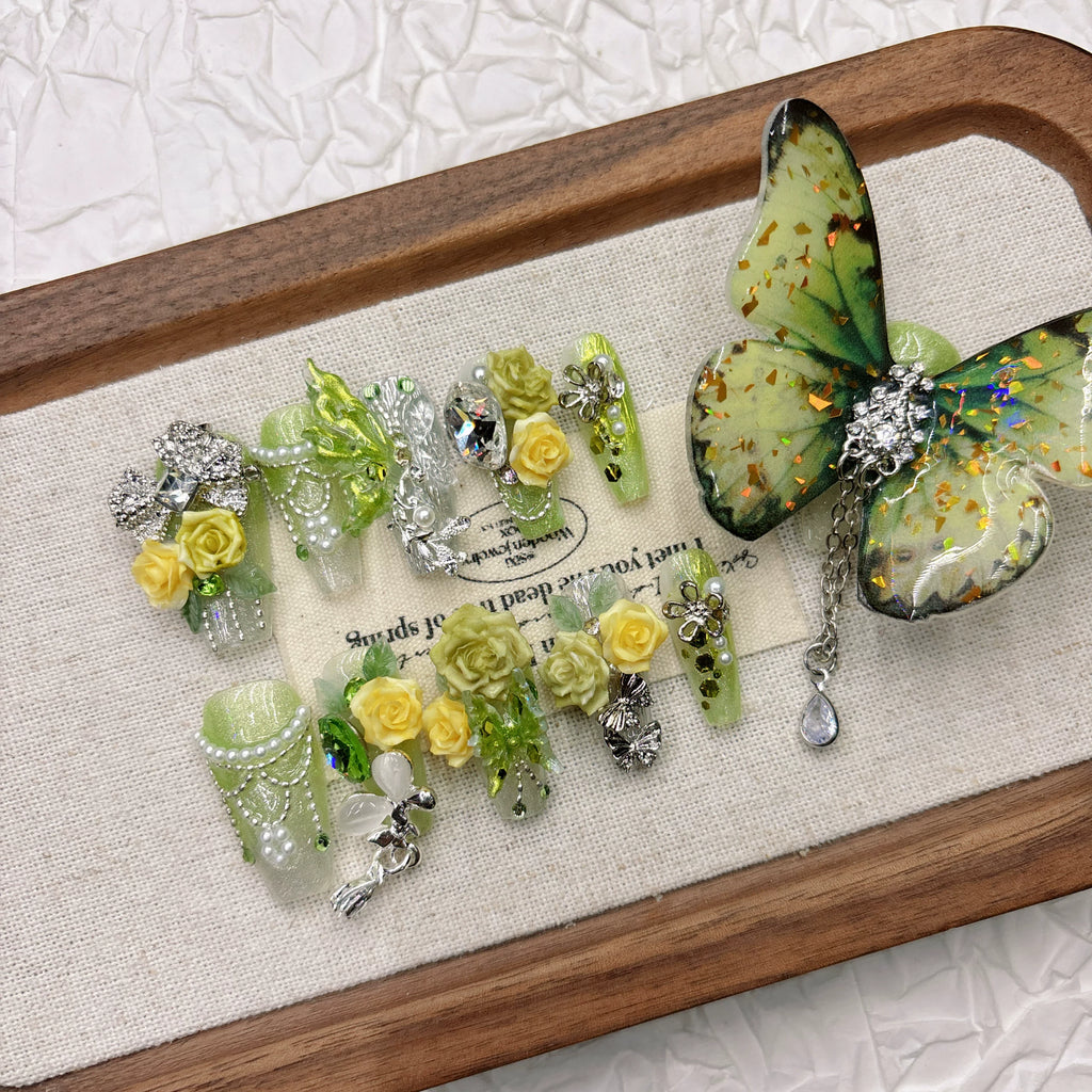 Fresh Green 3D Carved Handmade Press-on Nails | Nayanazara