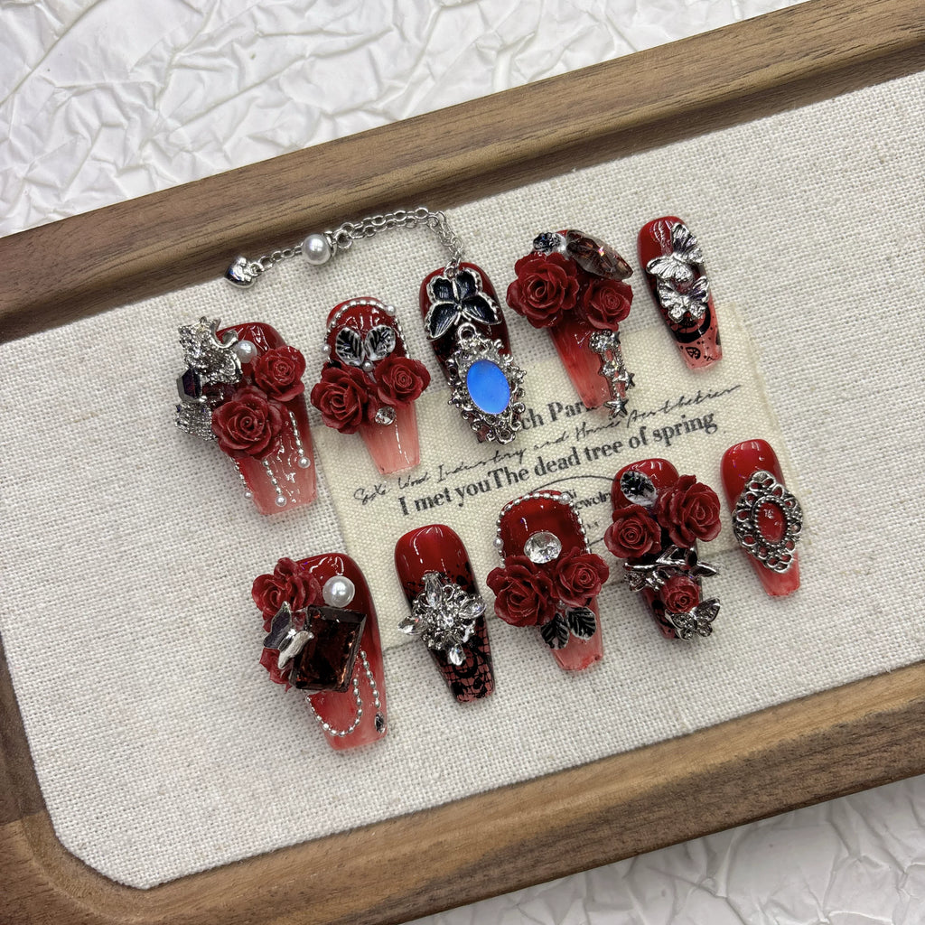 Enchanted Dark Red Rose Handmade Press-on Nails | Nayanazara