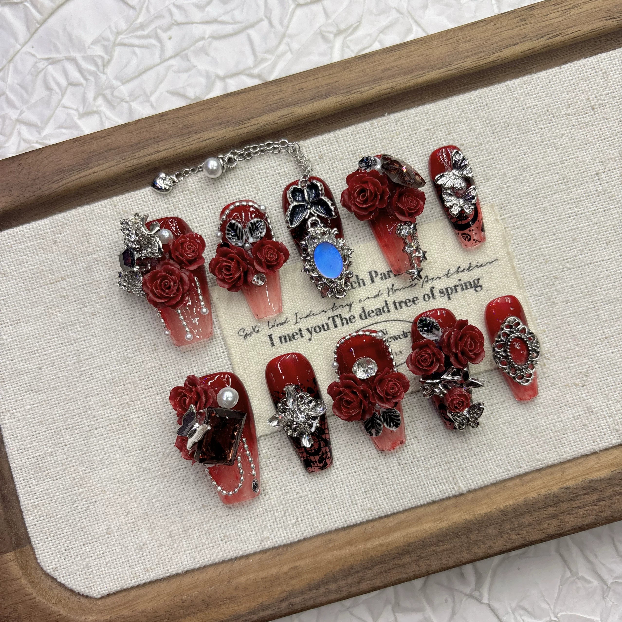 Enchanted Dark Red Rose Handmade Press-on Nails | Nayanazara