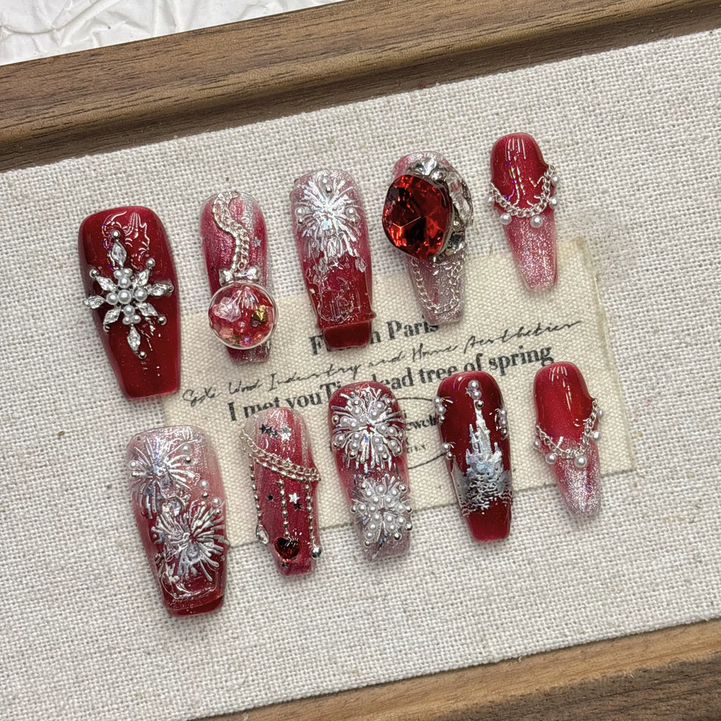Red New Year Castle Fireworks Cat Eye Press-on Nails | Nayanazara