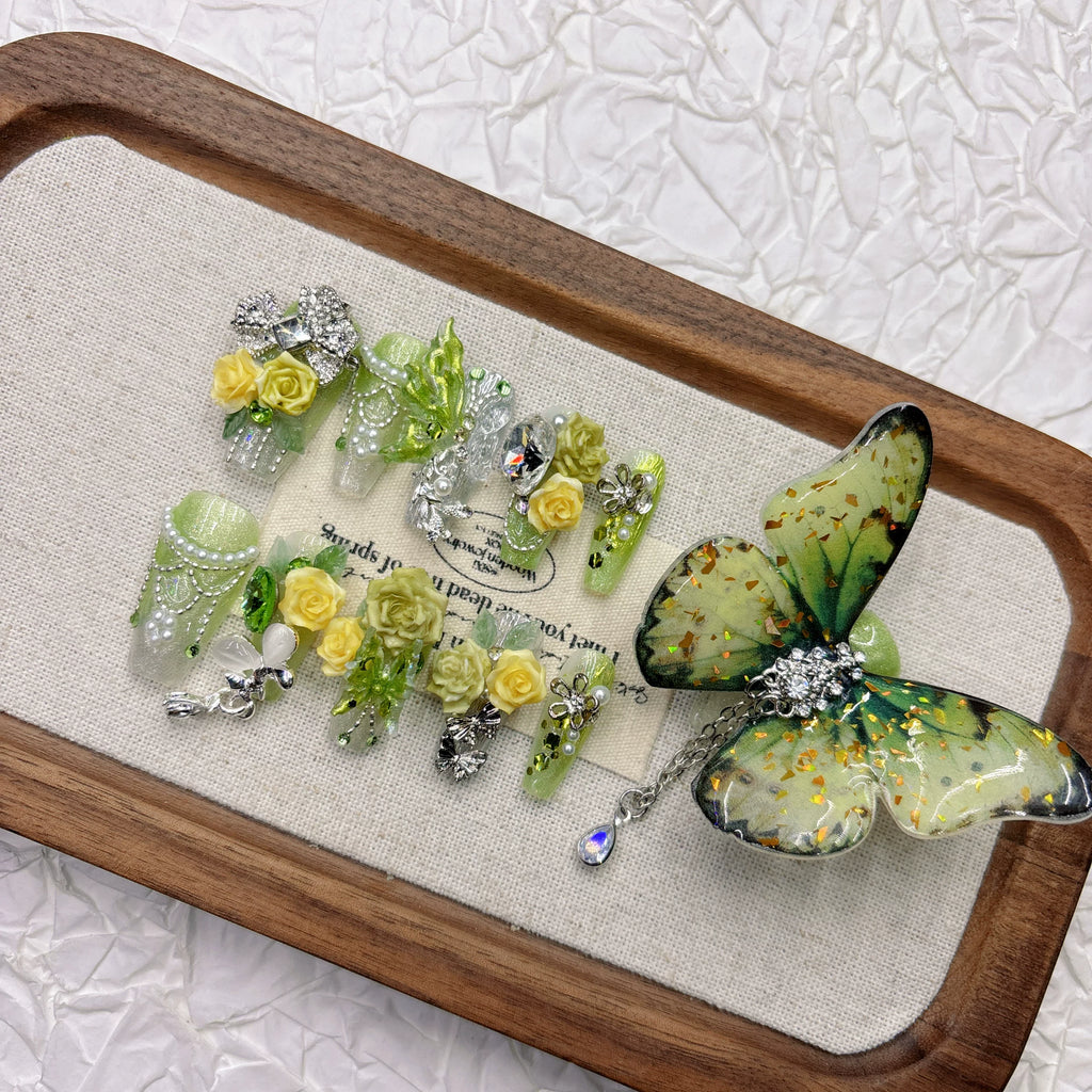 Fresh Green 3D Carved Handmade Press-on Nails | Nayanazara