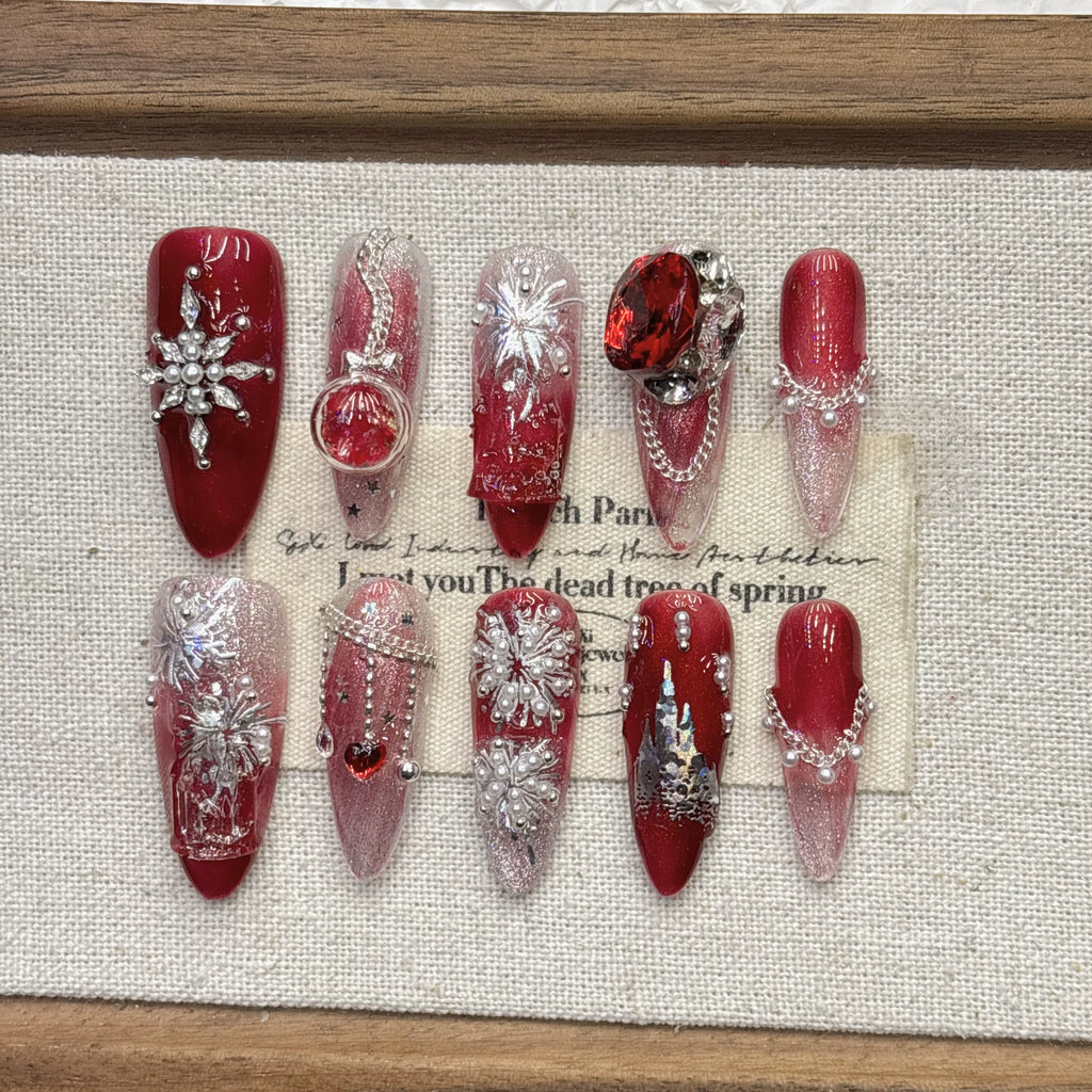 Red New Year Castle Fireworks Cat Eye Press-on Nails | Nayanazara